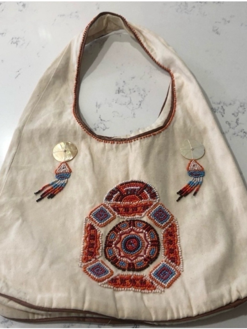 Ivory Beaded Shoulder Bag with Orange and Blue Accents